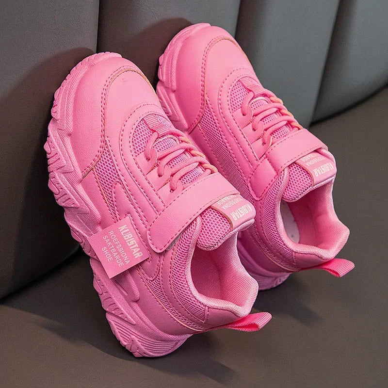 Spring New Kids Sneakers 2025 PU Girls Casual Mesh Solid Pink Light Boys White Hook & Loop Children Non-slip Sports Shoes