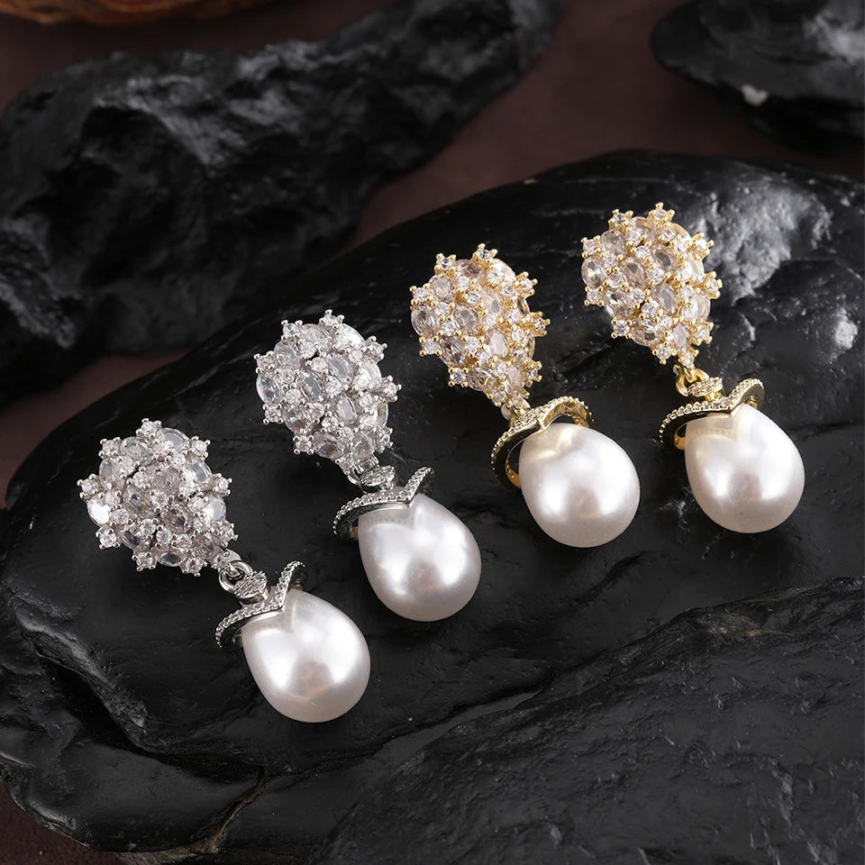 ZAKOL Luxury Big Teardrop Pearl Drop Earrings for Women Elegant Flower Shiny Zircon Wedding Party Jewelry Gift