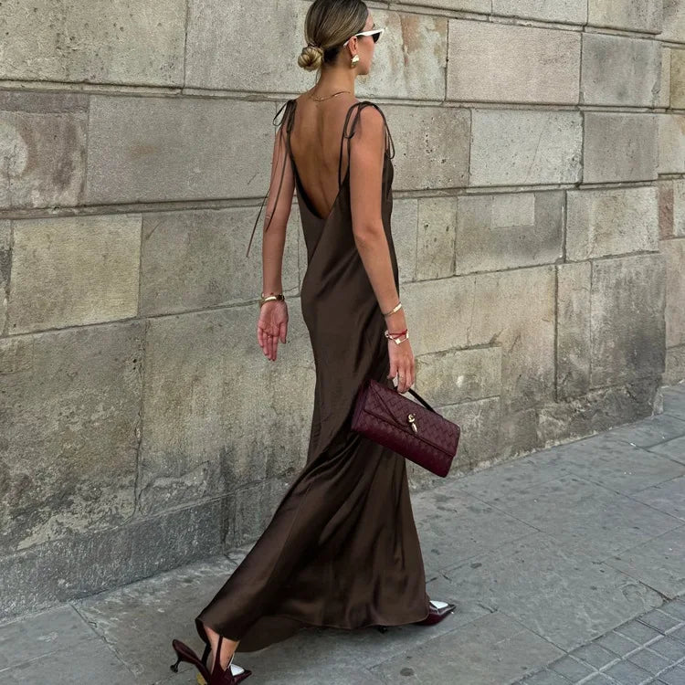 Sexy Backless Strap Sleeveless Satin Female Dress Chic Women High Waist Bodycon Maxi Dress 2026 New Summer Casual Dresses