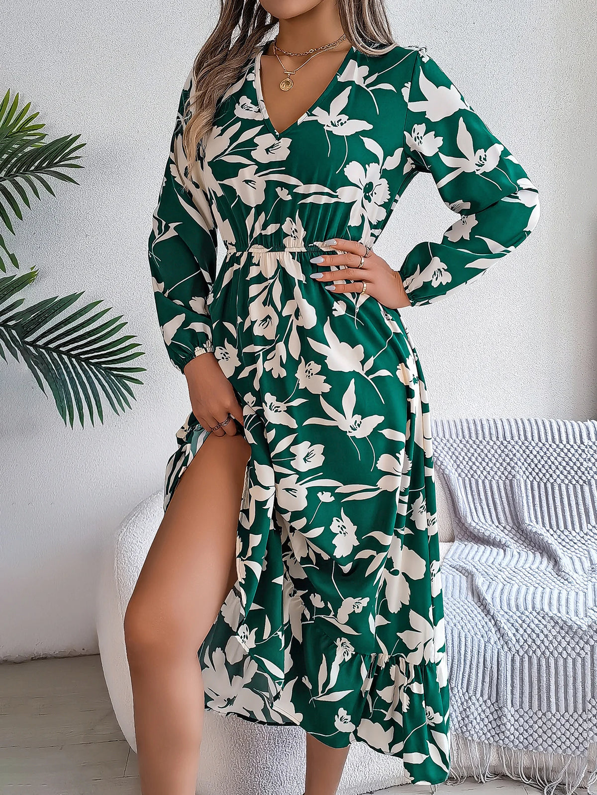 Spring Autumn Elegant V Neck Floral Print Dress 2026 Fashion Lantern Long Sleeve Ruffled Edge Maxi Dresses for Women Streetwear