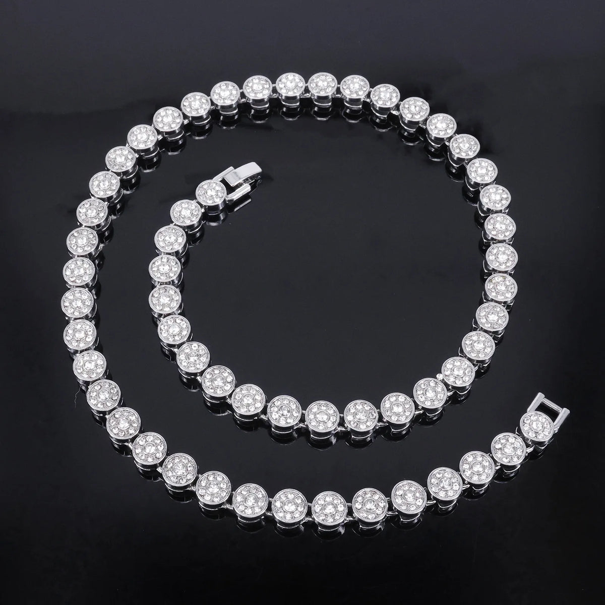 ZAKOL 45CM New Shiny Round Rhinestone Hip Hop Tennis Chain Bracelet Necklace Set for Women Men Jewelry Gift