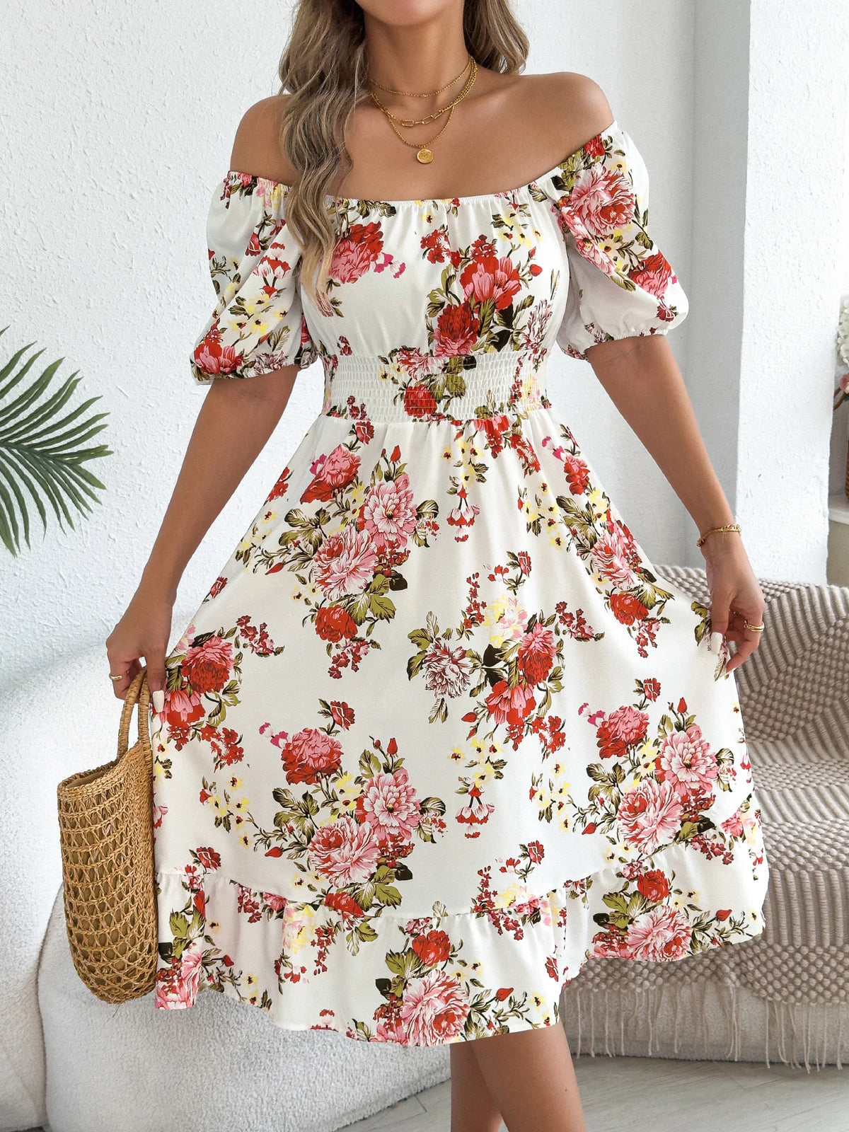 Elegant Floral Print Dresses for Women 2026 Spring Summer Casual Square Neck Short Sleeve Waist Cinching A Line Ruffled Dress