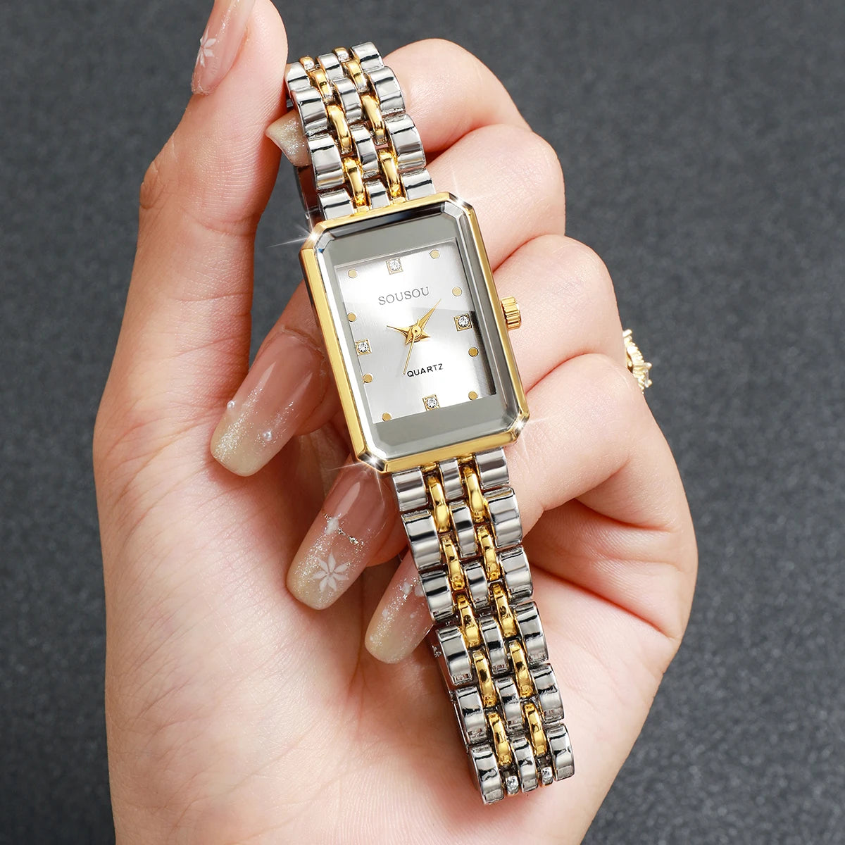 Fashion Rectangle Rhinestone Women Quartz Watch Stainless Steel Bracelet Ladies Dress Wristwatches Relogio Feminino（Without Box）
