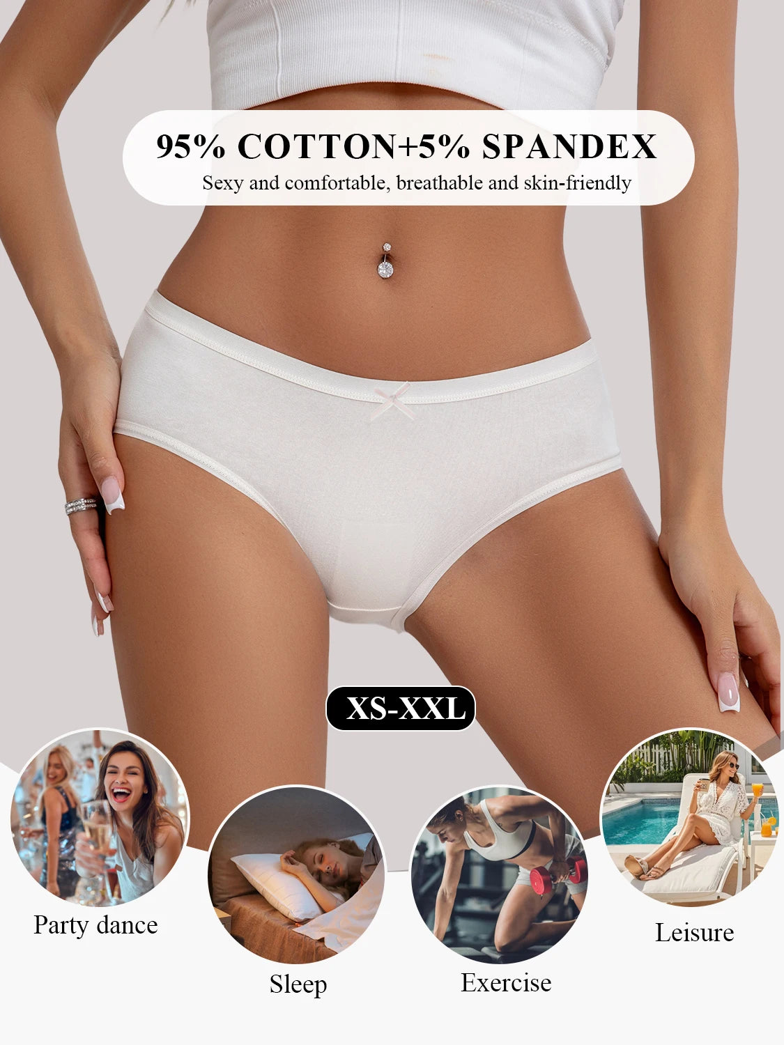 3PCS White Simple Comfortable Cotton Underwear for Women Girls Cute Low-Waist Panties Breathable Skin-Friendly Briefs Lingerie