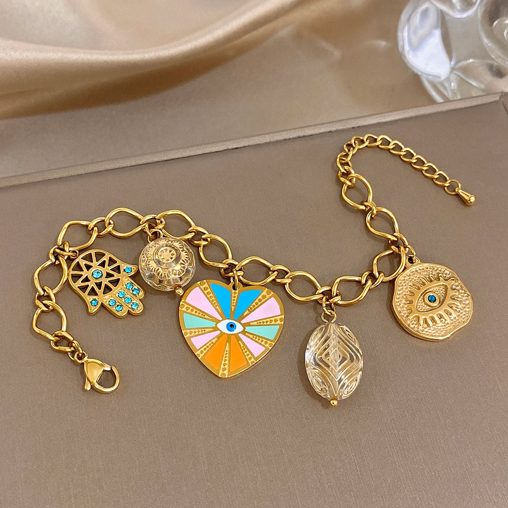 New Style Boho Women's Set Jewelry Vintage Devil's Eye Charm Enamel Heart Pendant Stainless Steel Necklace Bracelets Accessory
