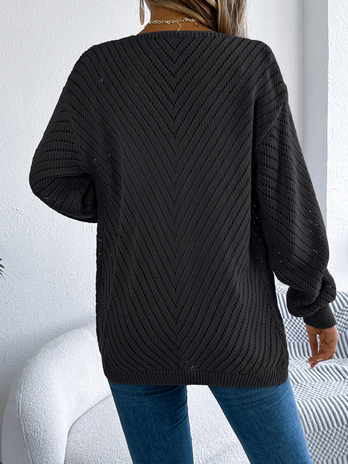 Women Solid Color Knitted Cardigan Sweaters 2026 Autumn Winter Casual Hollow Out Lantern Long Sleeve Coats Khaki White Black