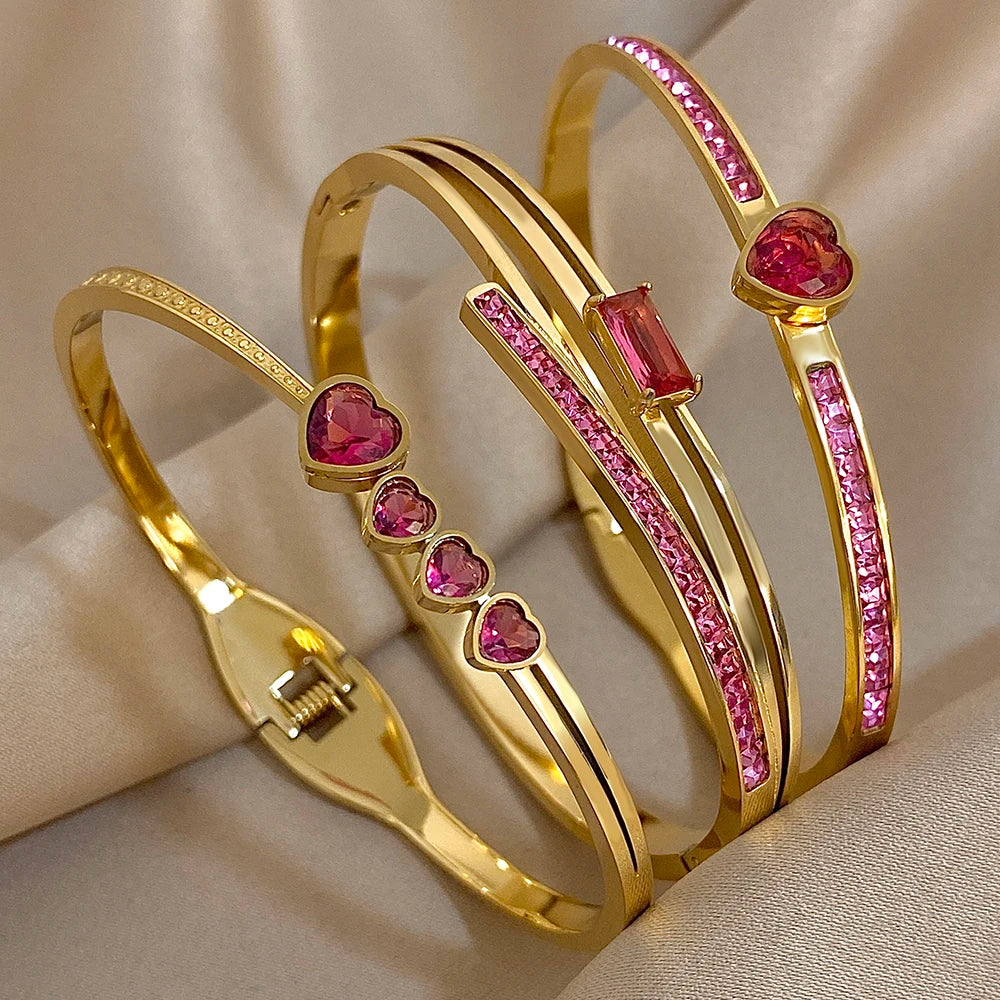 Flashbuy 3Pcs/Set 316L Stainless Steel Women's Bangles New Design Rose Red Love Heart Bracelets Waterproof Fashion Jewelry Gift