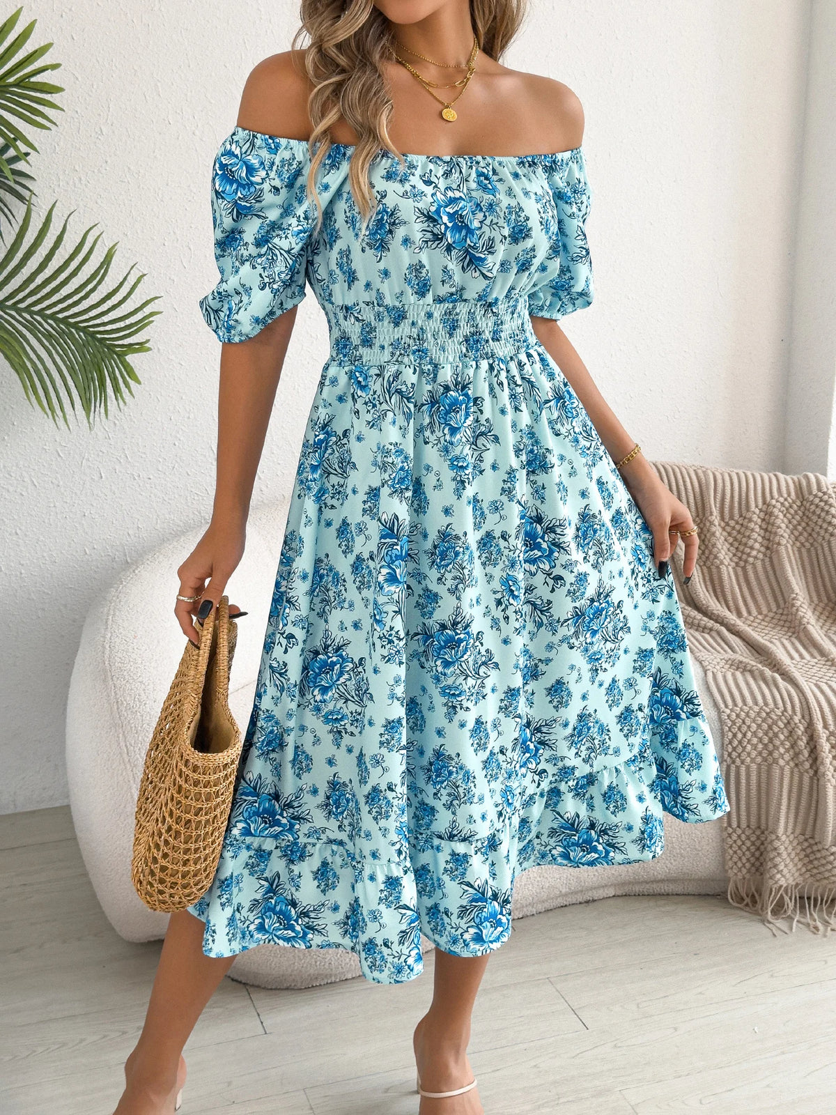 2026 Fashion Floral Print Dress for Women Spring Summer Casual Square Neck Short Sleeve Ruffled Long Dresses Woman Clothing