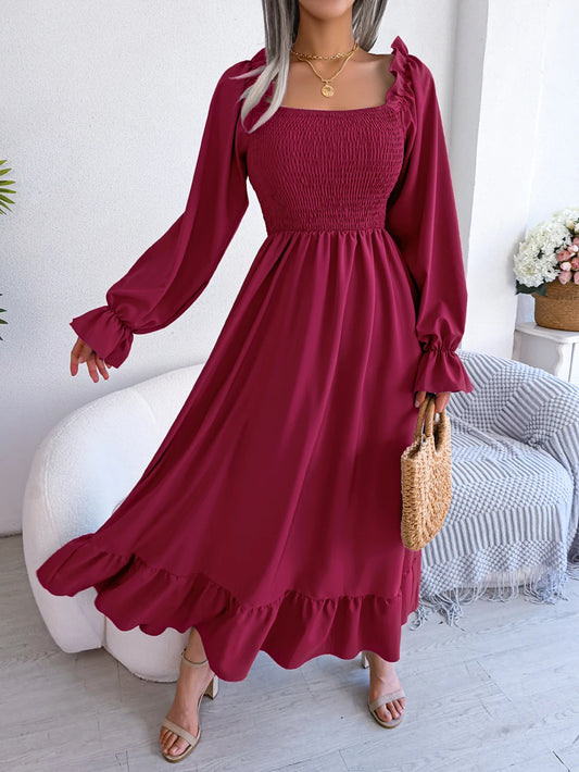 Maxi Dress for Women 2026 Spring Autumn Casual Square Long Sleeve Ruffled Dresses Red Blue Black Green Orange Woman Clothing