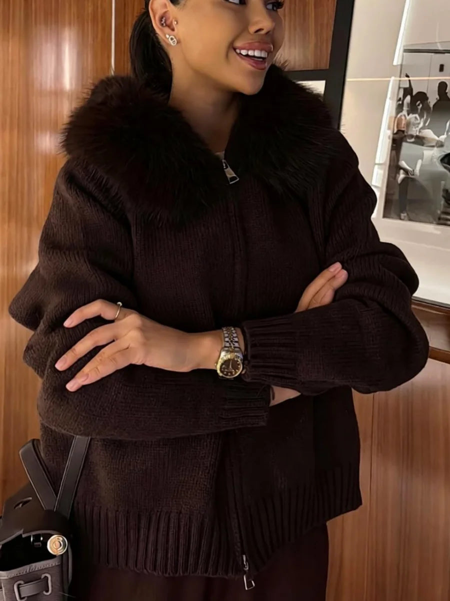 Women Casual Solid Thick Knitted Cardigan Long Sleeve Zipper Patchwork Loose Fit Coats 2026 Autumn Winter Female Basic Knitwears