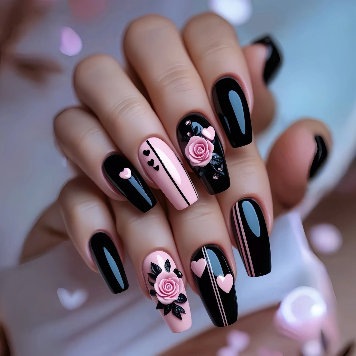 Medium long fake nails for women green white pink red flowers for Spring summer ballet tips full cover acrylic press on nail
