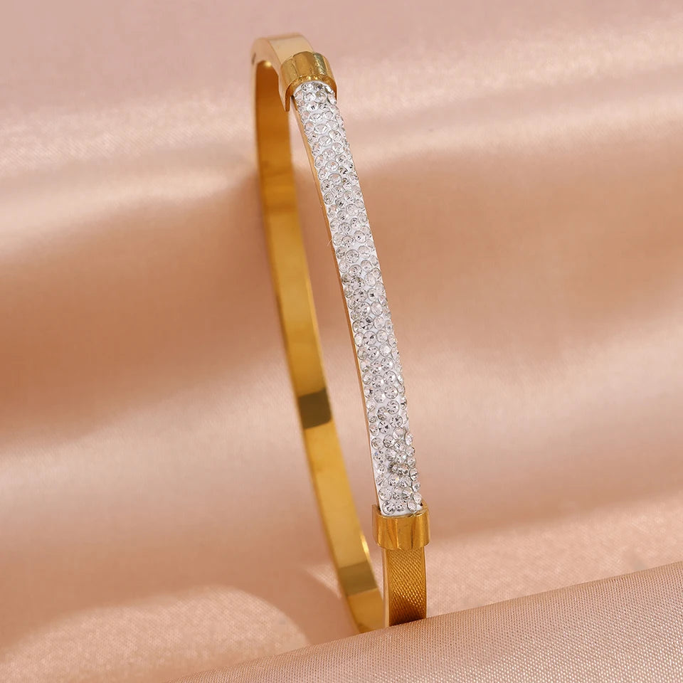ZAKOL 3pcs/set 316 Stainless Steel Bracelets Shiny Heart Zircon Open Bangle Valentine's Day Stacked Wrist Jewelry Gifts