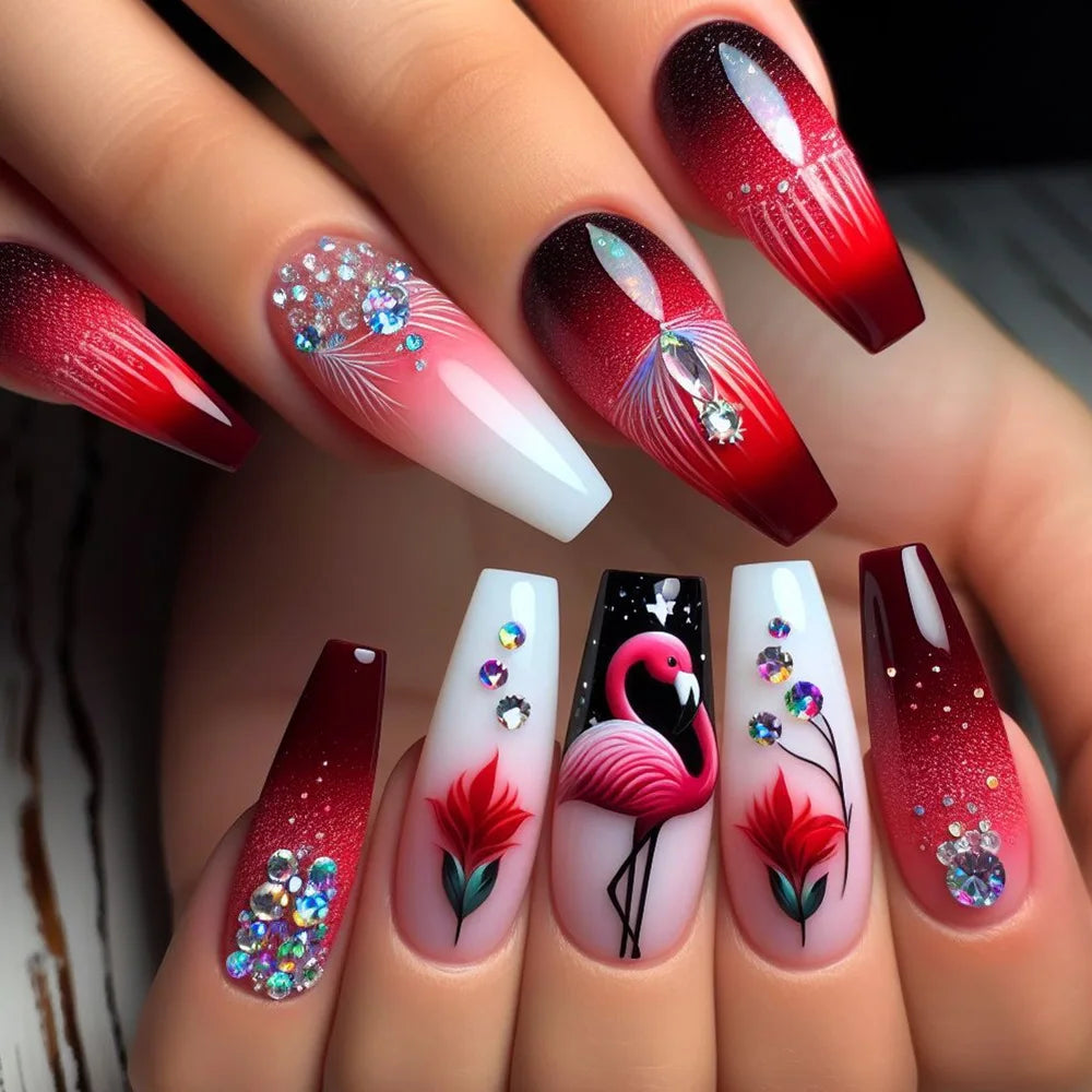 24pcs Acrylic Ballet False Nails Art Black Green Gradient Tips Coffin Press on Nails Set Flower Lines Pattern Stick on Fake Nail