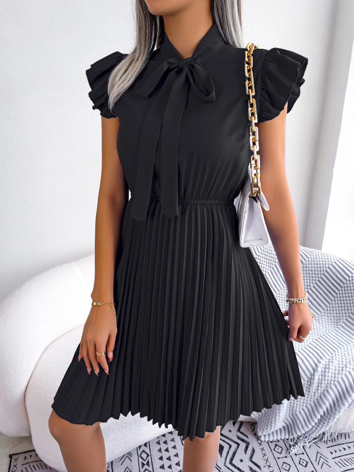 Elegant Bow Tie Pleated Dress 2026 Women Summer Solid Color Ruffles Short Sleeve Mini Dress Green Red Black Blue Woman Clothing