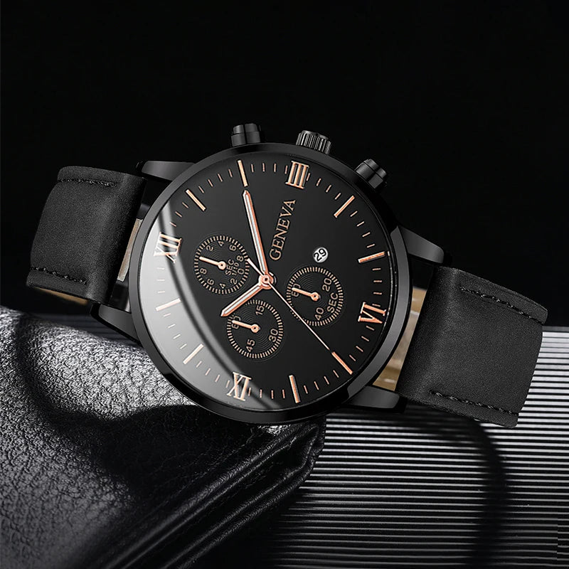 1/3PCS Men's Watch Casual Leather Band Analog Quartz Watches with Calendar