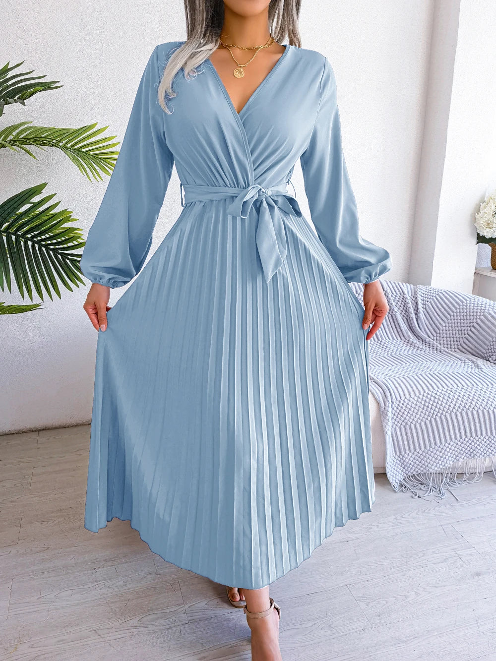 Women Elegant V Neck Long Sleeve Pleated Maxi Dress