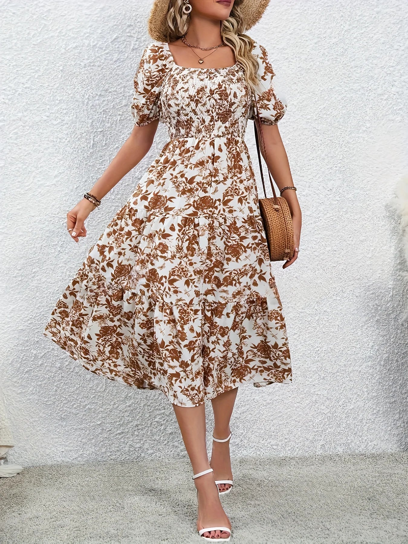 New Arrival Elegant Floral Print Maxi Dress – O-Neck Butterfly Sleeve