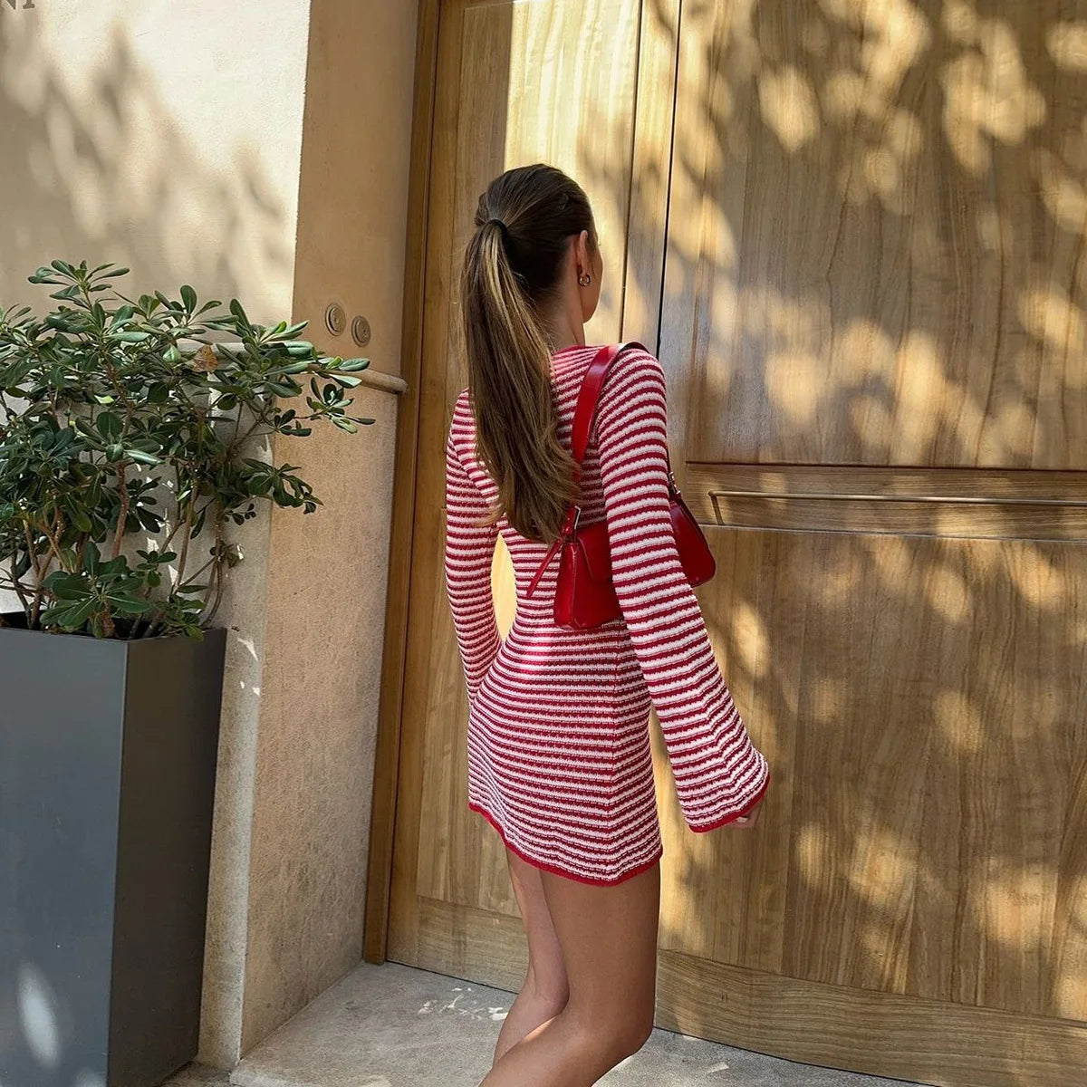 BKLD 2026 New Autumn Clothes Slim Fit Round Neck Long Sleeve Striped Dress For Women Sexy Club Outfits Red Party Dresses