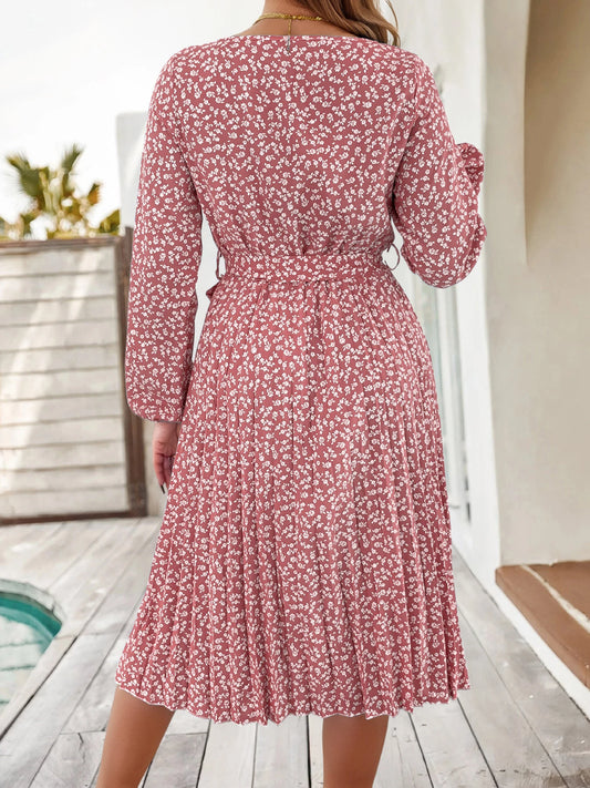 Elegant Floral Print Dress for 2026 Spring Summer Lantern Long Sleeve Waist Tie Pleated Dress Valentine's Day Woman Clothing