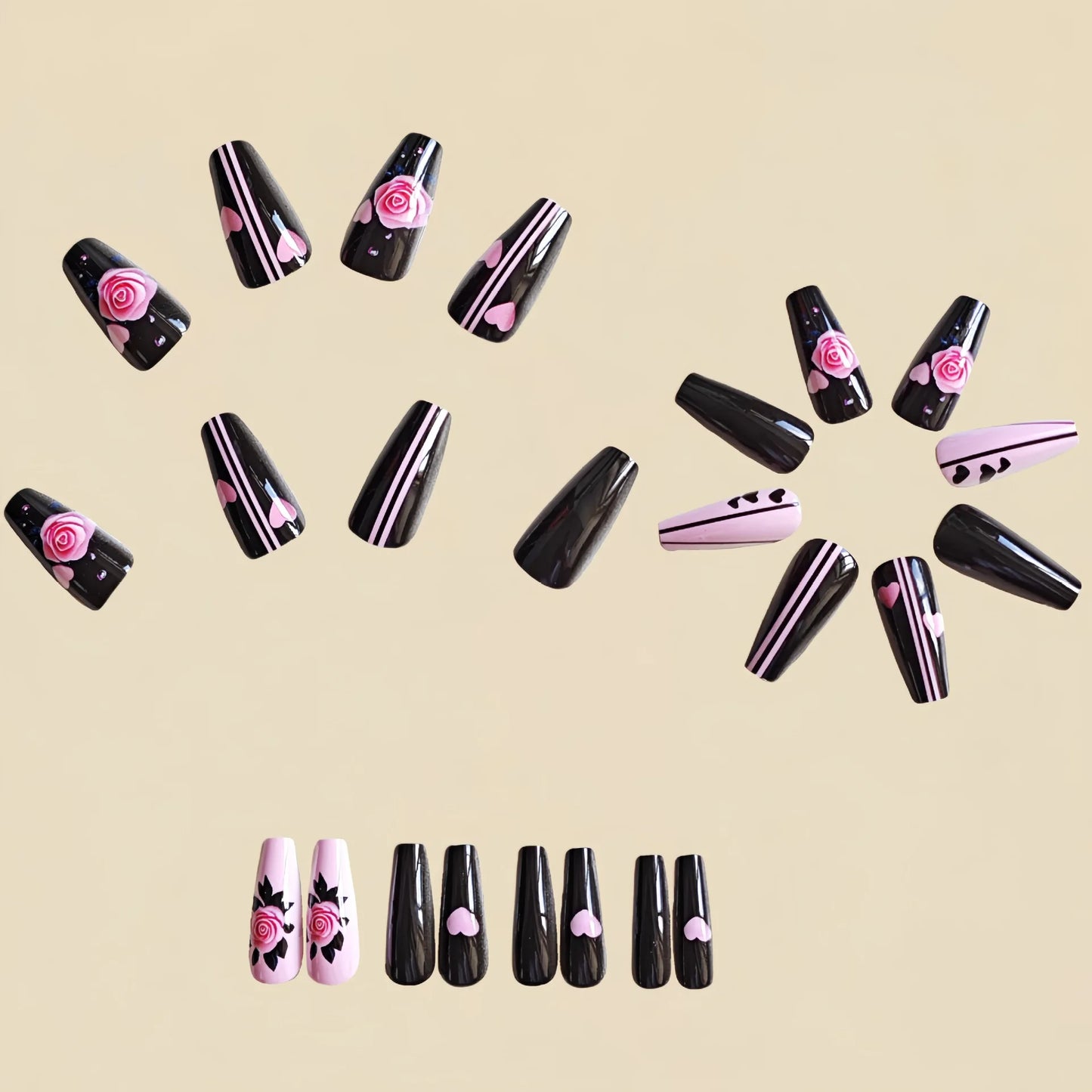 Medium long fake nails for women green white pink red flowers for Spring summer ballet tips full cover acrylic press on nail