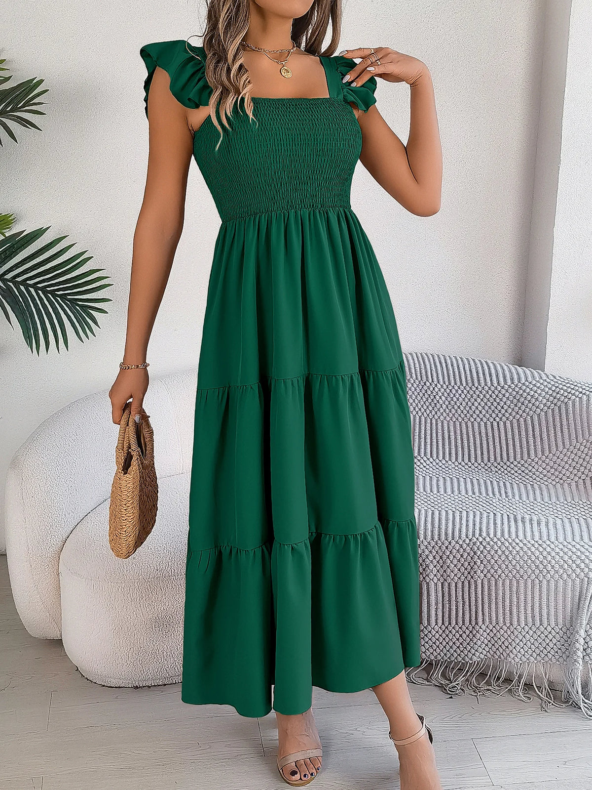 Spring Summer Solid Color Edible Tree Fungus Edge Square Neck Sleeveless Holiday Dress Elegant Long Dresses for Women Rose Blue