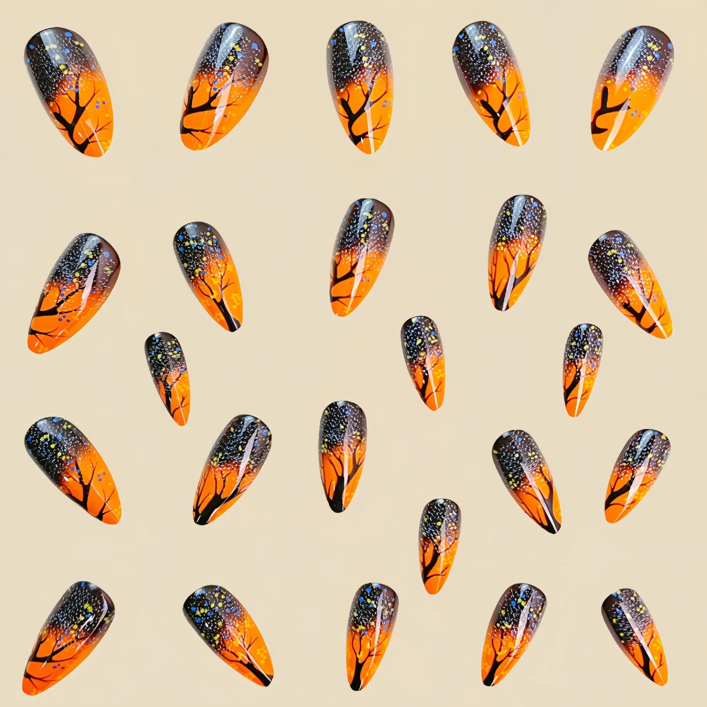 Medium fake nails for women girls gradient brown yellow tree flora almond shape full cover reusable press on false nail set
