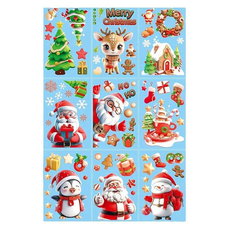 Xmas Cartoon Character Window Stickers, Santa Penguin Snowman Reindeer Christmas Window Clings, Festive Removable Glass Decals 