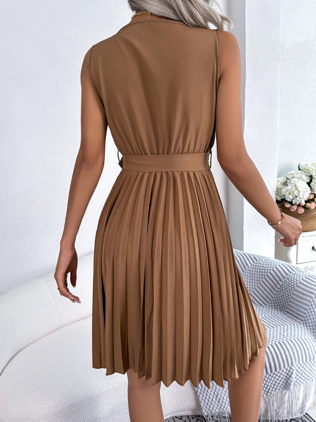 Women Summer Casual V Neck Sleeveless Pleated Knee Length Dress Black Blue Brown Elegant Lace Up Woman Dresses