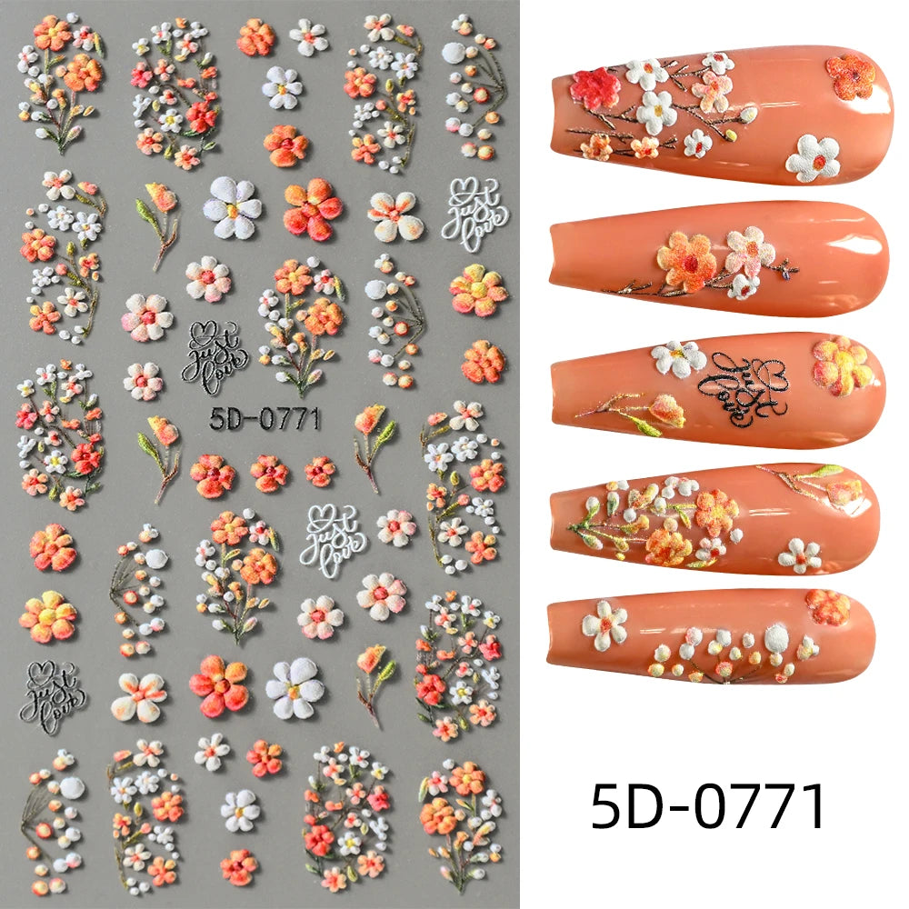 1Pc 5D Embossed Lavender Flower Nail Sticker Spring Floral Leaves Self-Adhesive Sliders Rose Heart Decals Manicure Decoration
