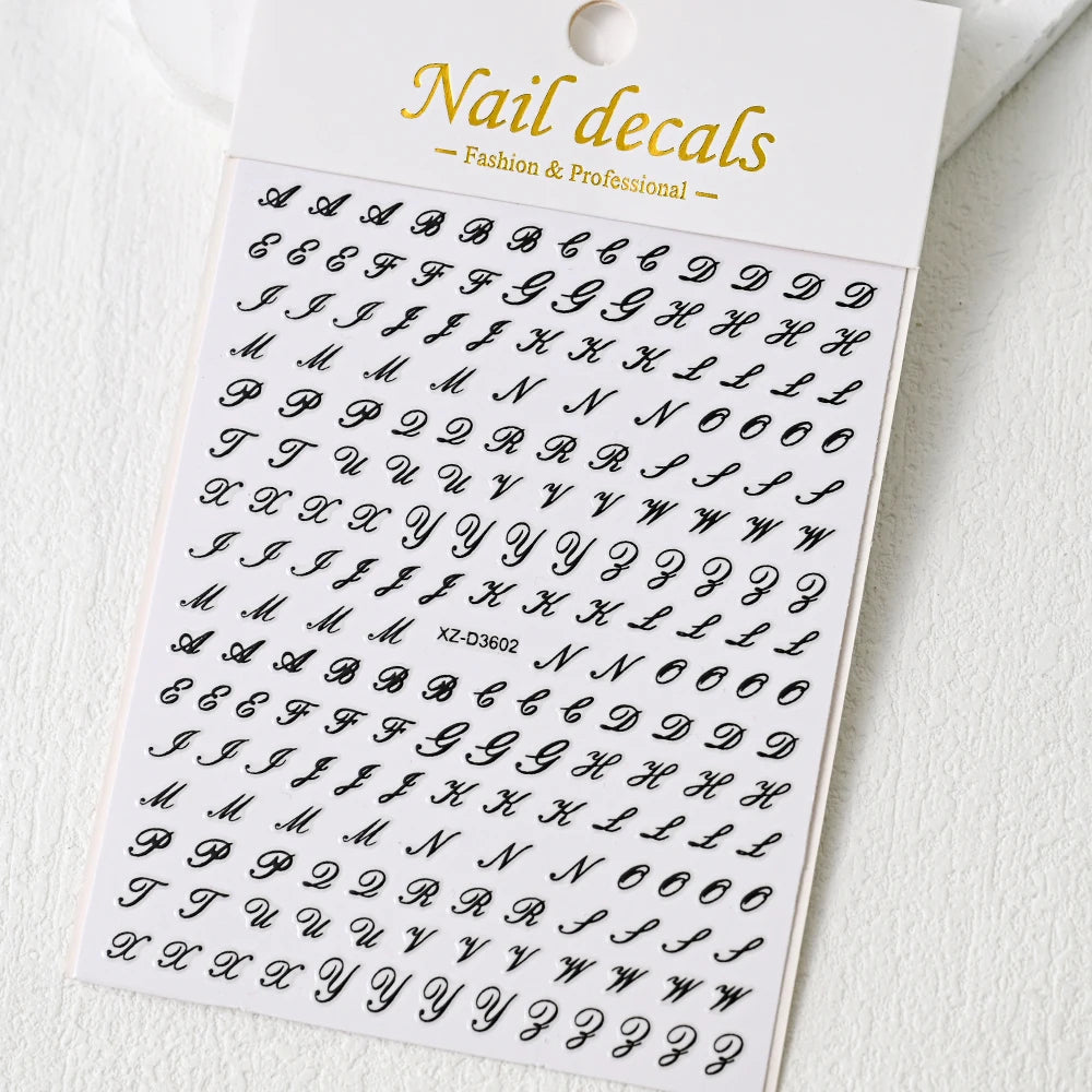 1pc Gold Silver English Letter Nail Sticker Black Laser 3D Alphabet Self Adhesive Decal English Words DIY Slider Manicure Decor