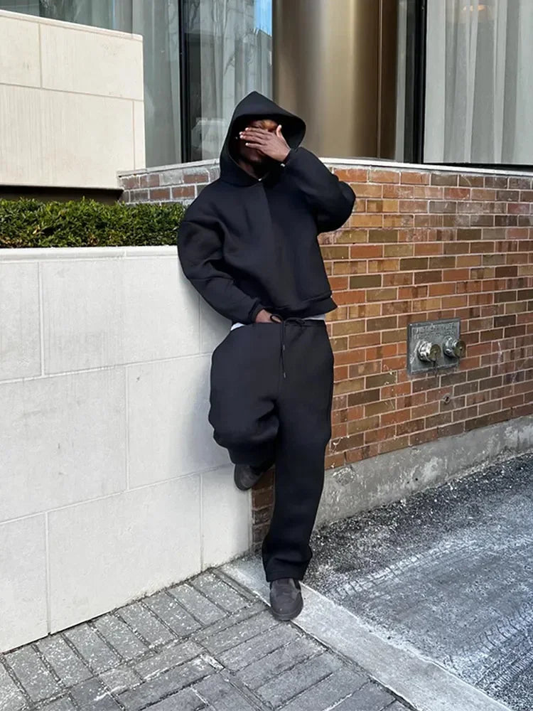 Solid Couple's Hooded Sweatshirt 2 Piece Set Casual Loose Sweatpants Suit Autumn Male Jogging Sweatshirt Trousers Outfits Suits
