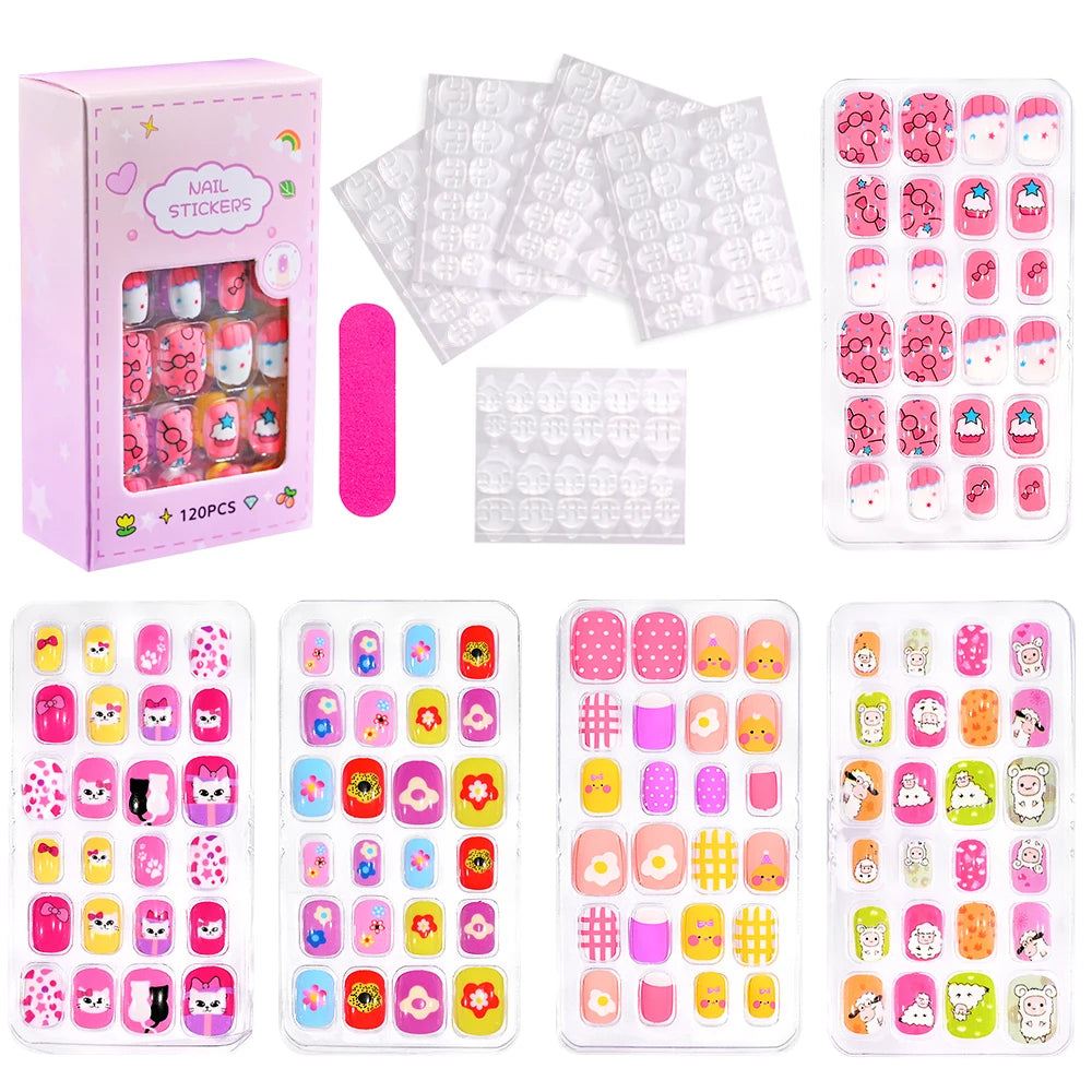 120Pcs Kids Cute Bow Heart Design False Nails Cartoon Animal Short Square Full Cover Fake Nail Tips for Girls Press On Nails