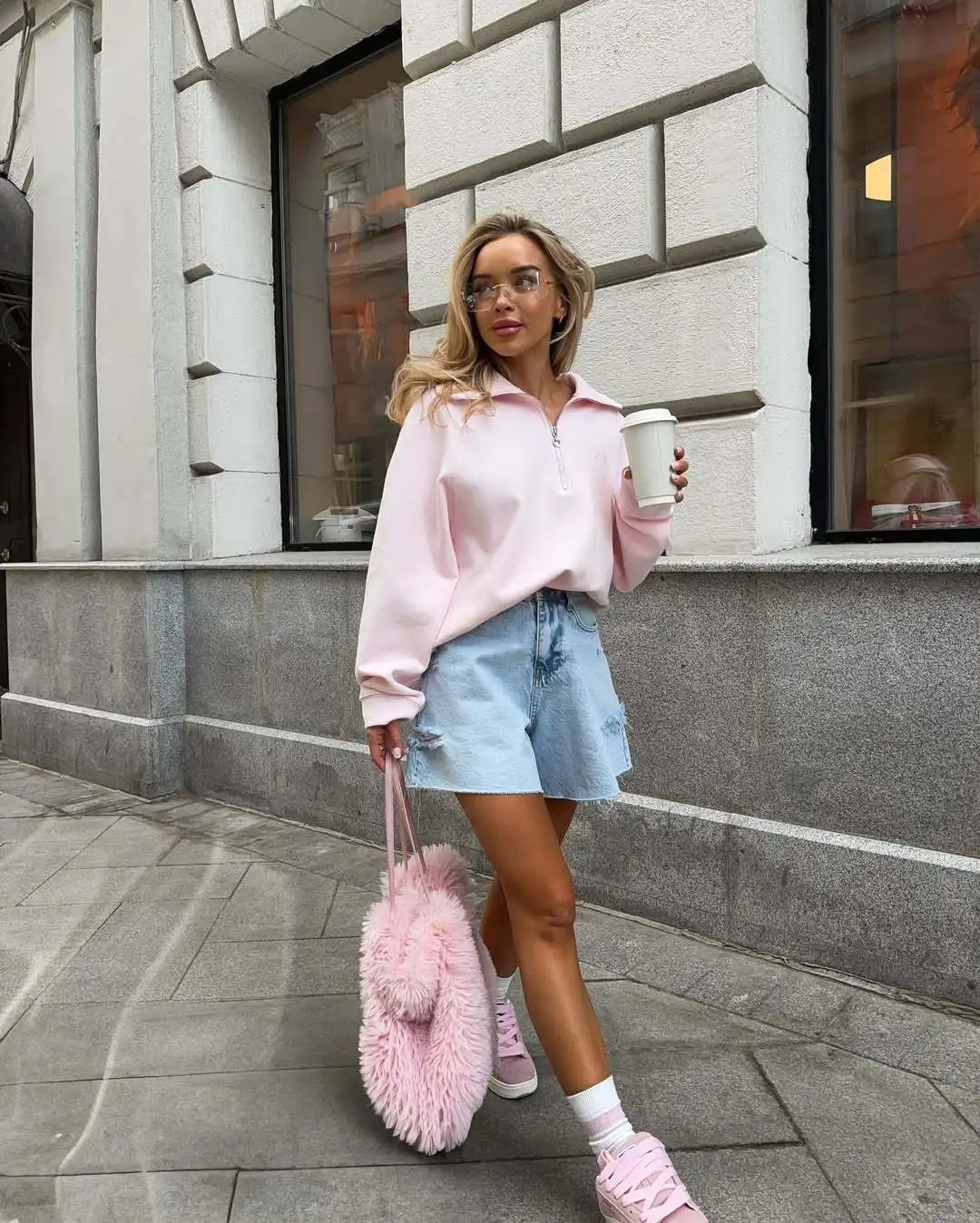 Women's Fashion Pink Pullovers Casual Long Sleeve Loose Half Zip Letter Embroidery Top Autumn Winter Vintage Female Streetwear