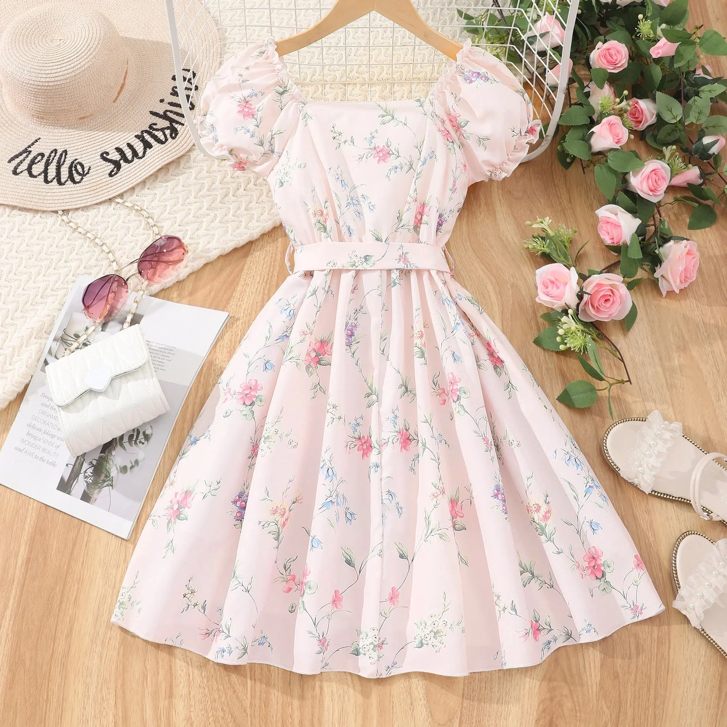 New Children Dress Teen Girl Clothes 8 9 10 11 12 Years Old Summer Flower Pink Short Sleeve Birthday Party Kids Princess Dresses