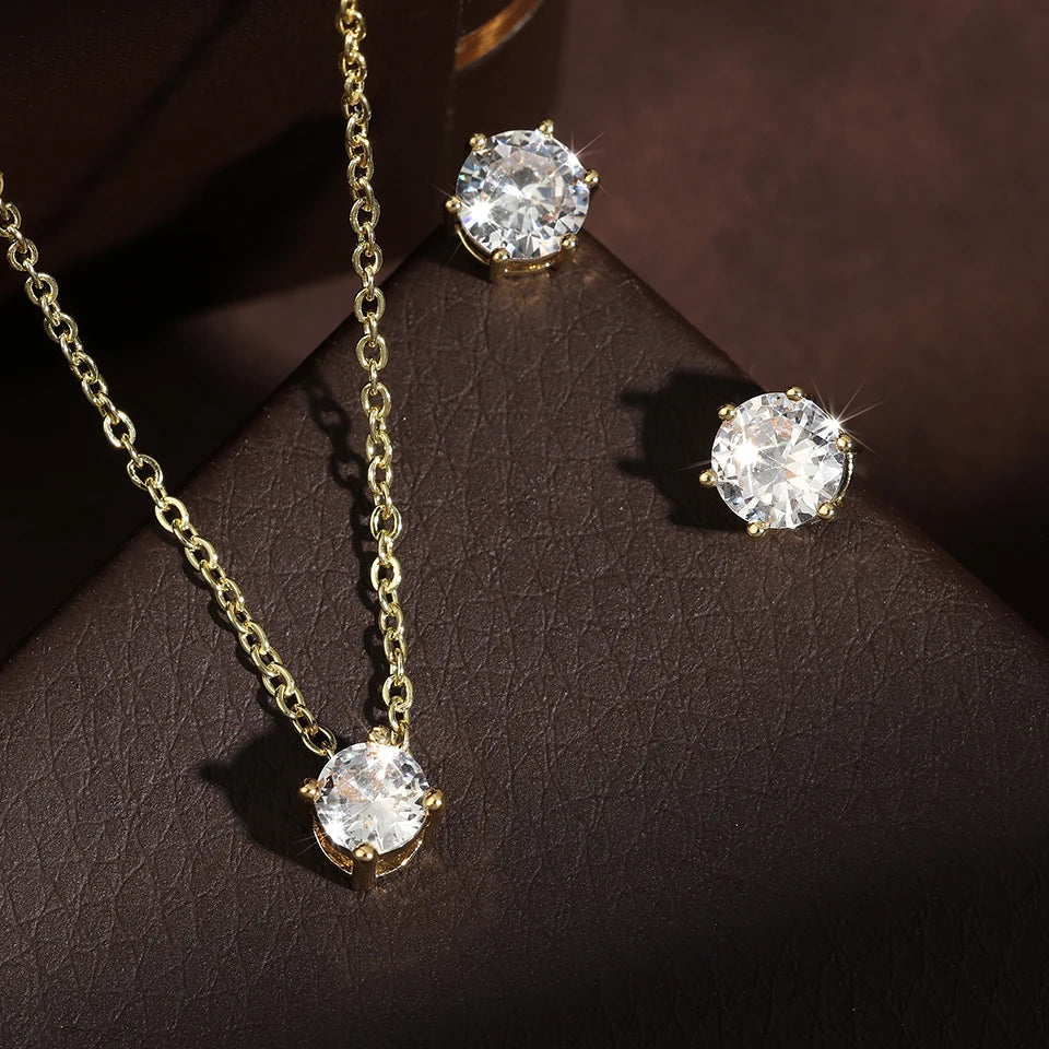 ZAKOL Exquisite Shiny Zircon Water Drop Round Earring Necklaces for Women Romantic Wedding Engagement Jewelry Set With Gift Box