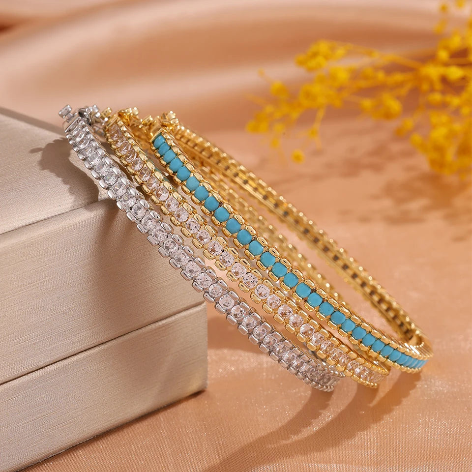 ZAKOL New Shiny Round Blue Turquoise Zirconia Tennis Bracelet for Women Gorgeous High-end Wedding Party Jewelry Gifts