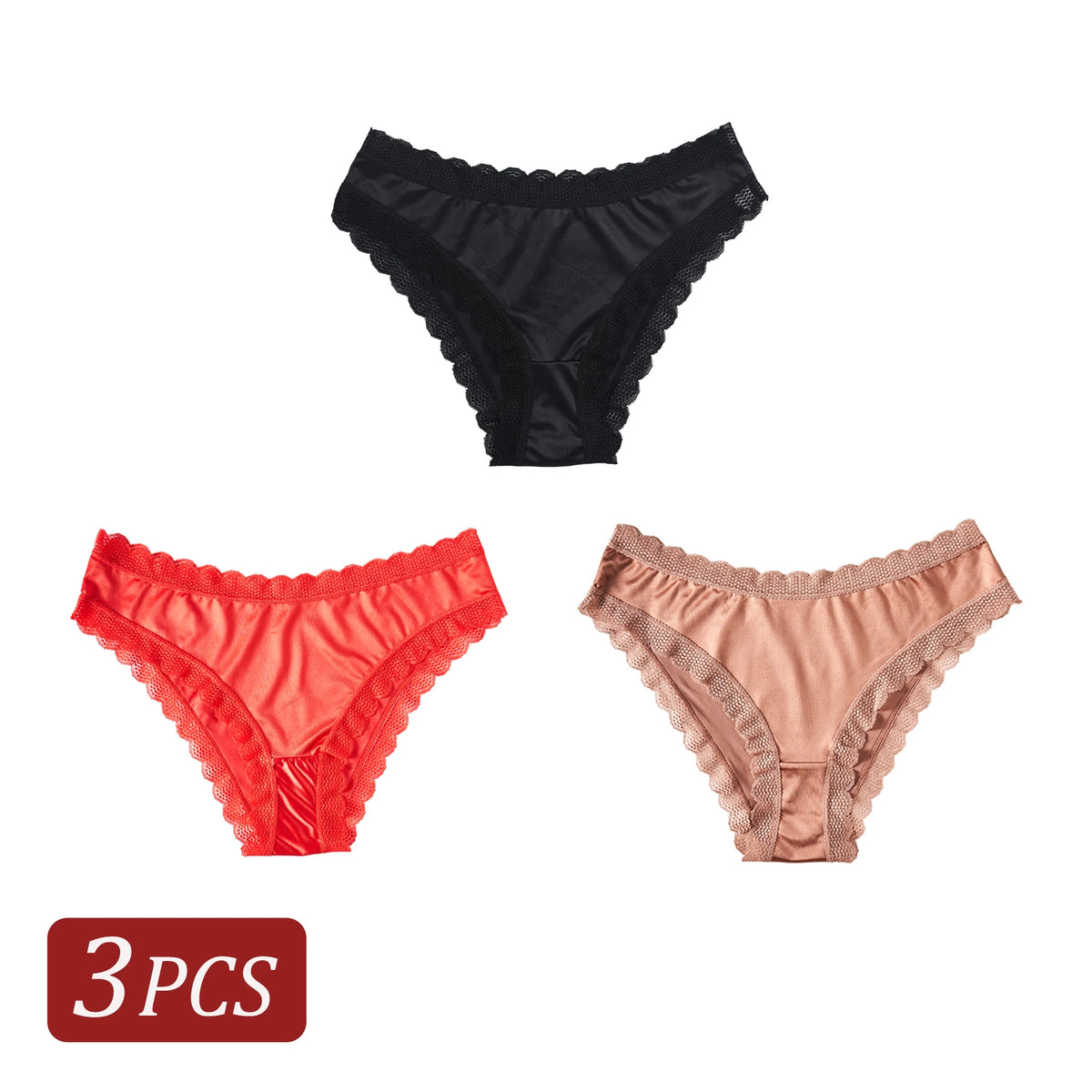 3PCS Elegant Lace-Trimmed Women's Panties Solid Color Seamless Satin Underpants Fashion Simple Comfortable Briefs Lingerie