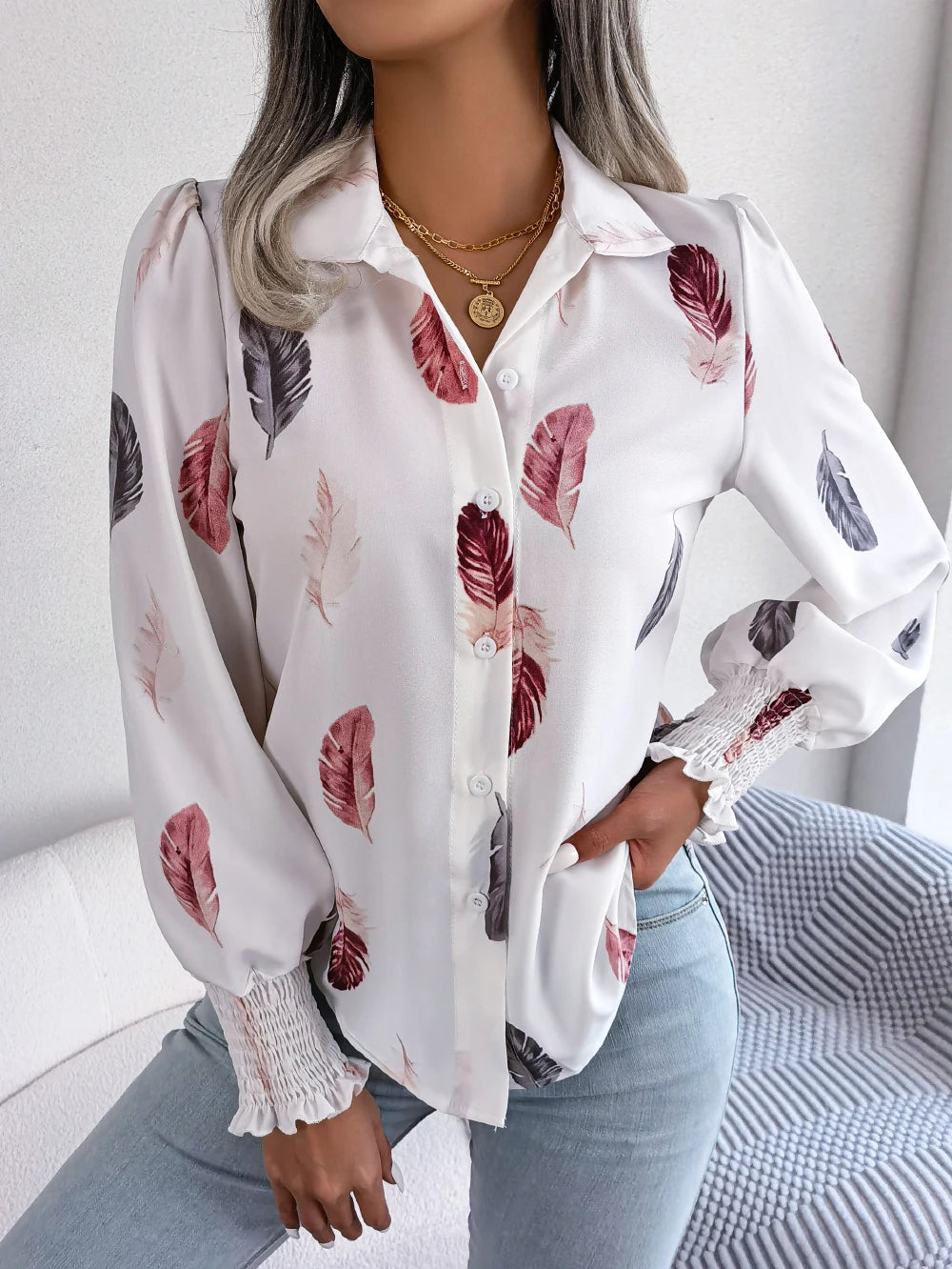 Women's Casual Feather Print Long Sleeve Office Lady Shirts for Autumn Turn Down Collar Buttons Woman Clothing White Pink Blue