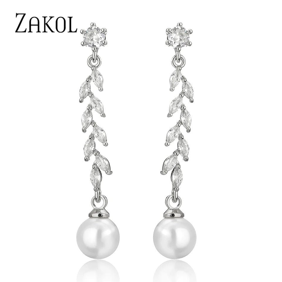 ZAKOL Elegant Pearl Long Drop Earring for Women Luxury Glamor Bridal Earring Shiny Zircon Wedding Jewelry
