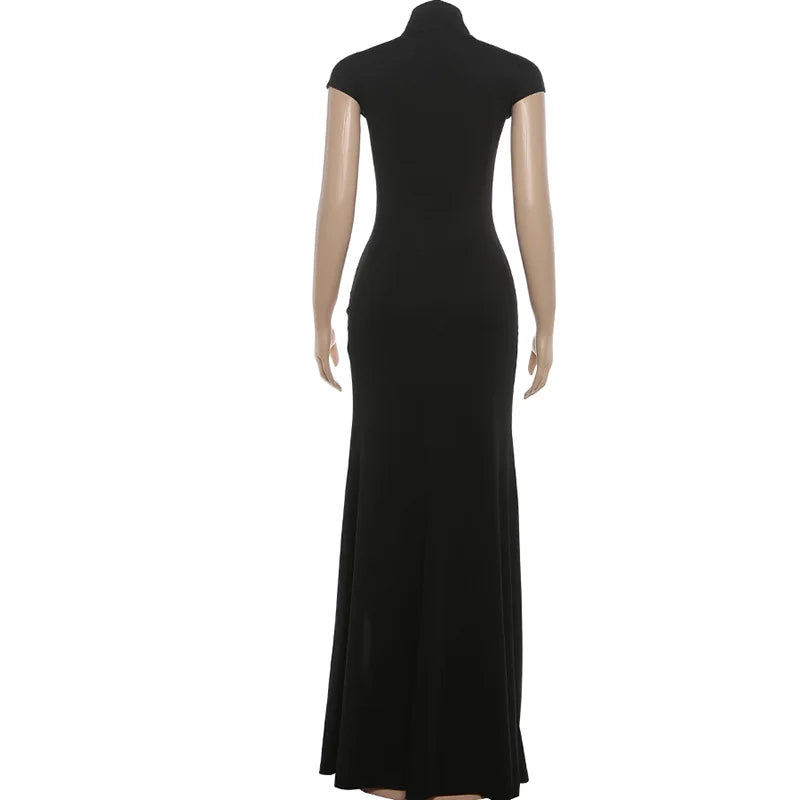 Women's Black Evening Dress Hollow Out A-line Maxi Dress Fashion High Neck Short Sleeve Slim High Split Dresses Sexy Party Gowns