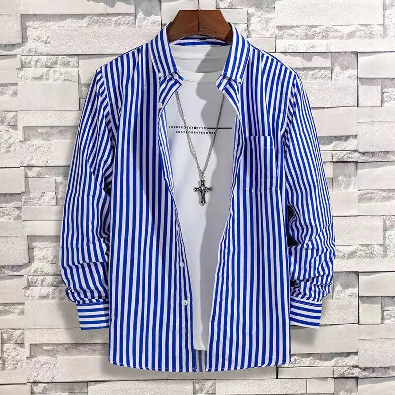 Mens Dress Shirts Striped Long Sleeve Plaid Checked Shirt Smart Casual Business Non-Ironing Korean Slim Fit Formal Blue White