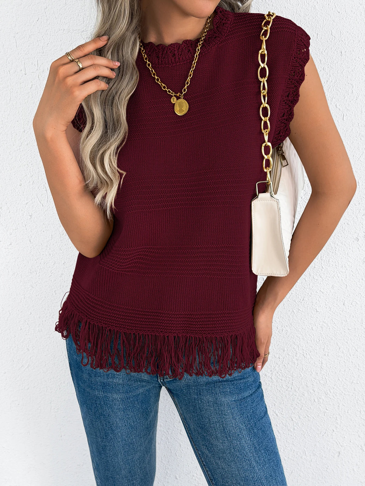 2026 Casual Round Neck Sleeveless Tassel Knit Sweater Vest for Spring Summer and Autumn Style Women Clothes Red Apricot Khaki