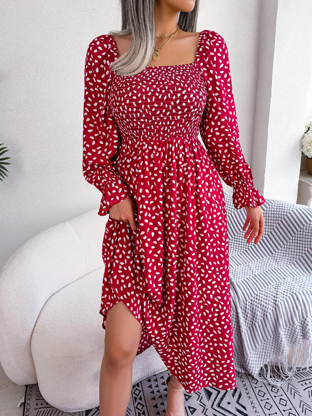 Spring Autumn Women's Elegant Polka Dot Square Neck Flare Long Sleeve Slim Waist Floral Dress Yellow Pink Red Woman Clothing