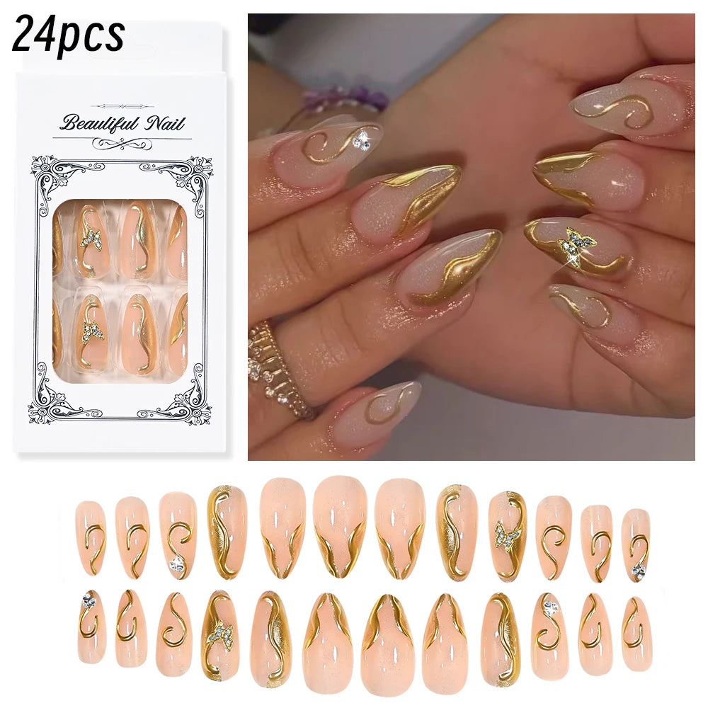 24Pcs Red Bowknot Design False Nails Medium Almond Fake Nail Tips Extension with Shiny Diamond for Women Wearable Press on Nails