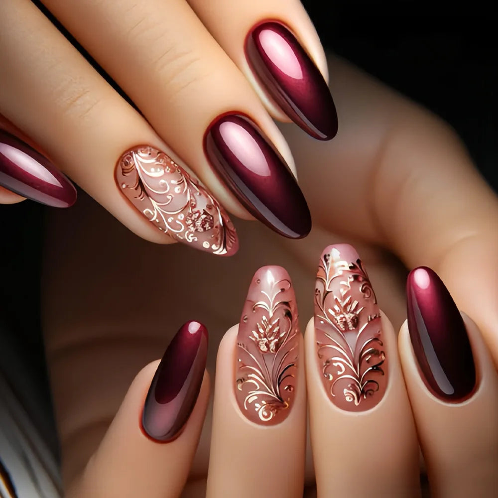 24PCS Gothic False Nails Dark Red Vine Pattern Medium Coffin Press on Nail Sticker Sweet Cool Glossy French Fake Nail Spice Girl