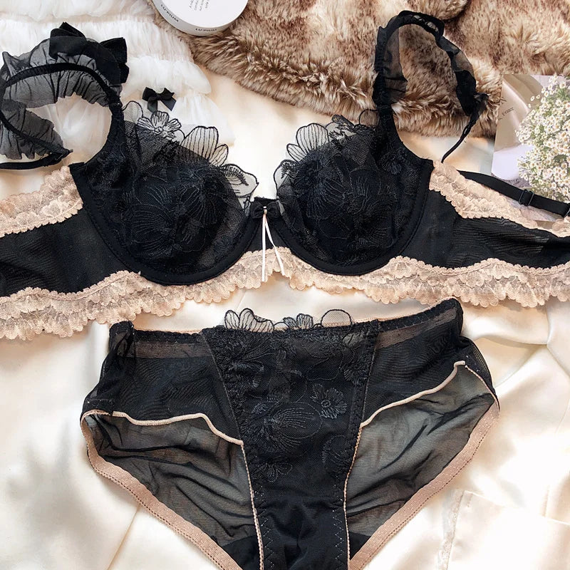 MOYISU French Elegant Embroidered Lace Minimizer Bra Support Soft Underwire Rabbit Ear Cup Sensual Lingerie Set Large Bust S-XL
