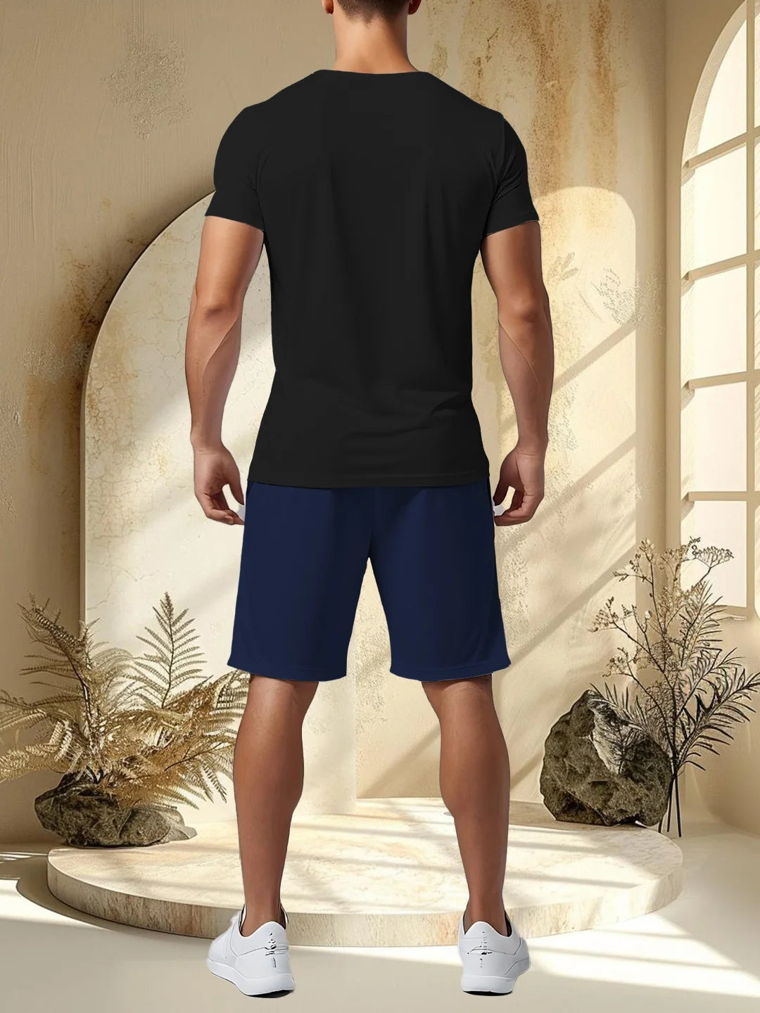 Men's printed two-piece fashionable casual round neck short sleeved T-shirt and drawstring shorts spring/summer sports suit men'
