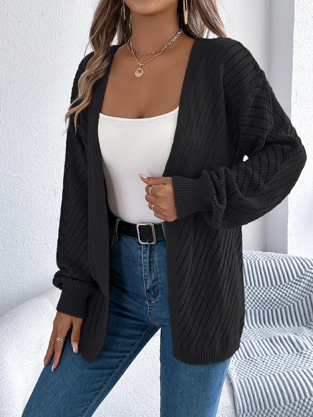 Women Solid Color Knitted Cardigan Sweaters 2026 Autumn Winter Casual Hollow Out Lantern Long Sleeve Coats Khaki White Black