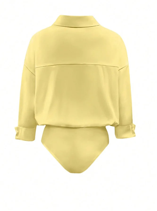 Women Shirt Bodysuit Oversized Boyfriend Half Sleeve Blouse Deep V Collar Bodysuit Shirts Elegant Office Lady Jumpsuit Top