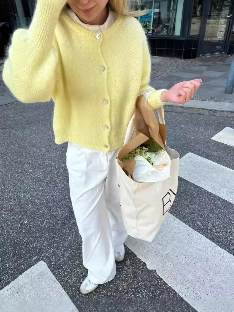 Women Mohair Knit Cardigan O Neck Elegant Lantern Long Sleeve Oversized Loose Fluffy Sweater Coat Autumn Winter Casual Knitwear